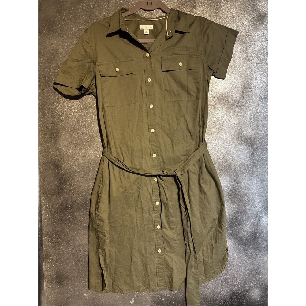 LL Bean Signature Olive Green Short-Sleeve Classic Shirt Dress Tie Waist Pockets
